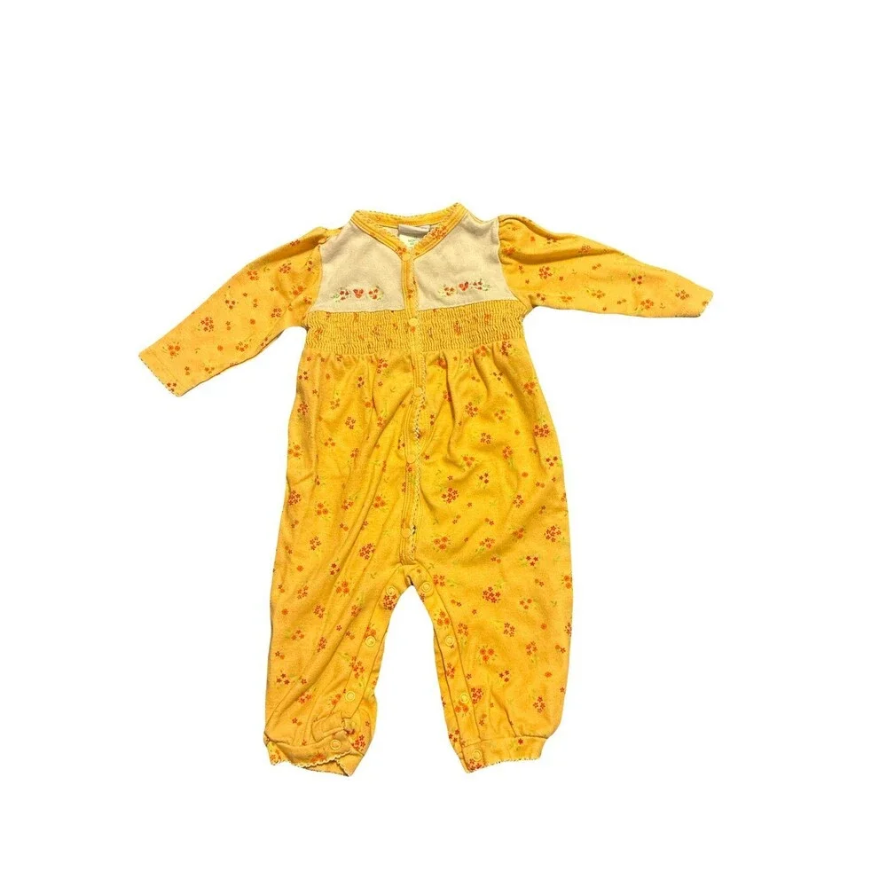 Vintage Okie Dokie Baby Yellow Floral Smocked Footless Sleeper Romper One Piece